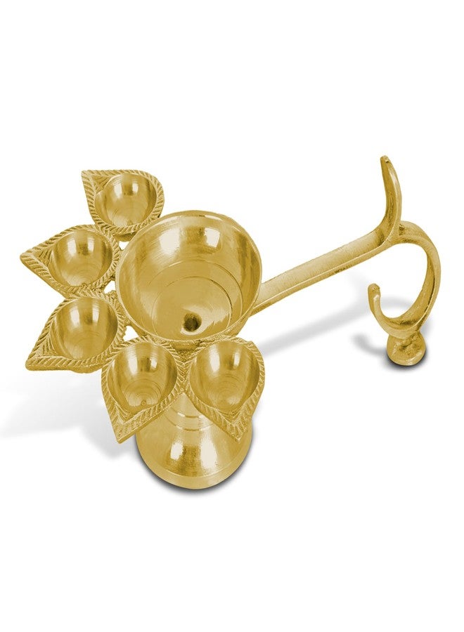 Dharmsaar Brass Panchmukhi Puja Aarti Diya with Handle | Festival, Diwali, Navratri Peetal 5 Batti Oil Diya Stand | Panchdeep Akhand Jyoti Deepak for Home, Office, Temple/Mandir, 1 Unit - Image 1