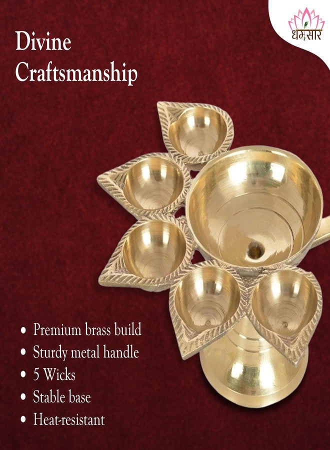 Dharmsaar Brass Panchmukhi Puja Aarti Diya with Handle | Festival, Diwali, Navratri Peetal 5 Batti Oil Diya Stand | Panchdeep Akhand Jyoti Deepak for Home, Office, Temple/Mandir, 1 Unit - Image 3