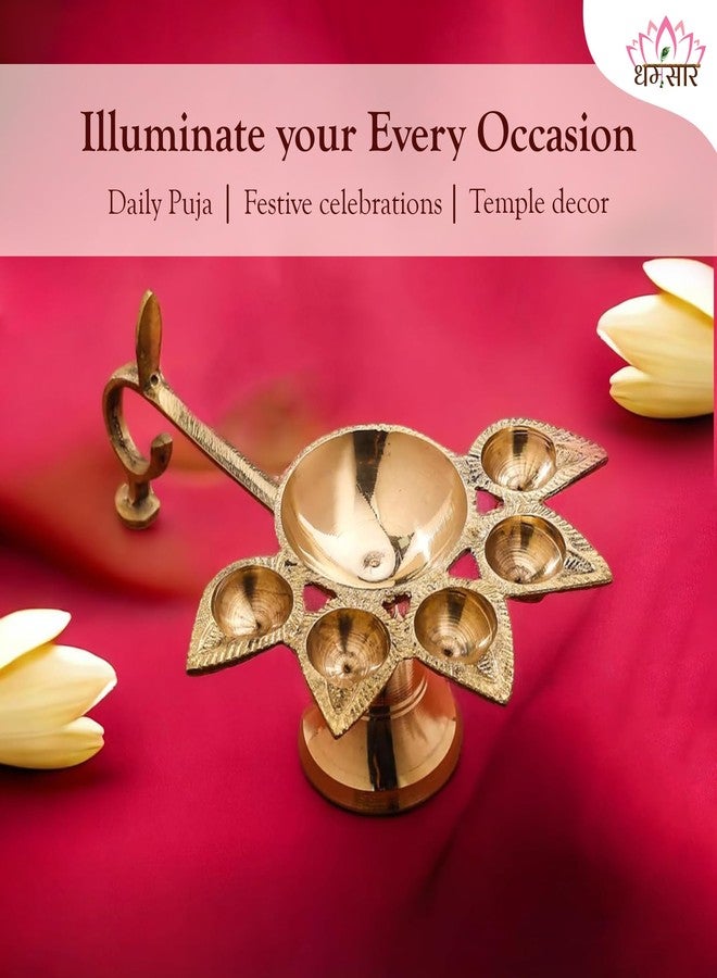 Dharmsaar Brass Panchmukhi Puja Aarti Diya with Handle | Festival, Diwali, Navratri Peetal 5 Batti Oil Diya Stand | Panchdeep Akhand Jyoti Deepak for Home, Office, Temple/Mandir, 1 Unit - Image 4