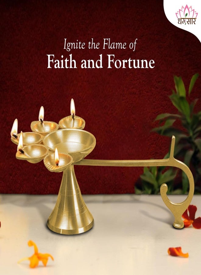 Dharmsaar Brass Panchmukhi Puja Aarti Diya with Handle | Festival, Diwali, Navratri Peetal 5 Batti Oil Diya Stand | Panchdeep Akhand Jyoti Deepak for Home, Office, Temple/Mandir, 1 Unit - Image 2