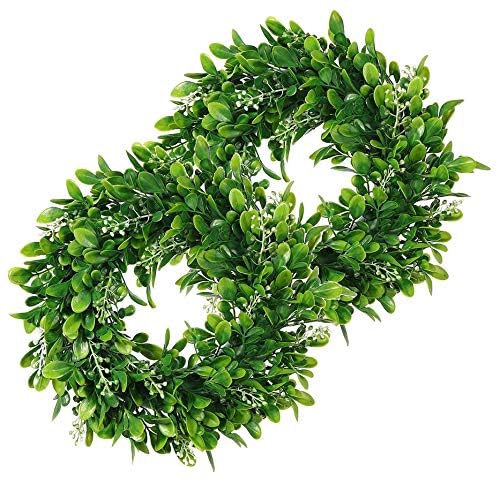 LSKYTOP 2 Pcs Boxwood Wreath with Artificial Wreath Green Leaves Door Wall Window Decoration,11Inch/PC - Image 2