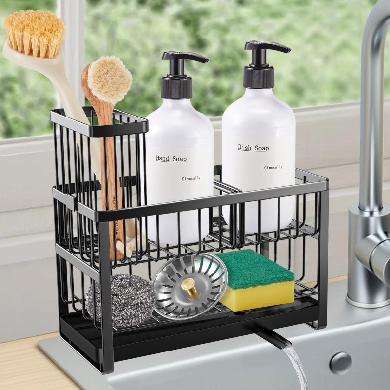 Sinnsally Kitchen Sponge Holder2 Tier Sink Caddy Organizer with High Brush HolderStainless Steel Sink Box Dish Scrubber HolderSoap Tray for Kitchen Counter Accessories Storage Rack Black