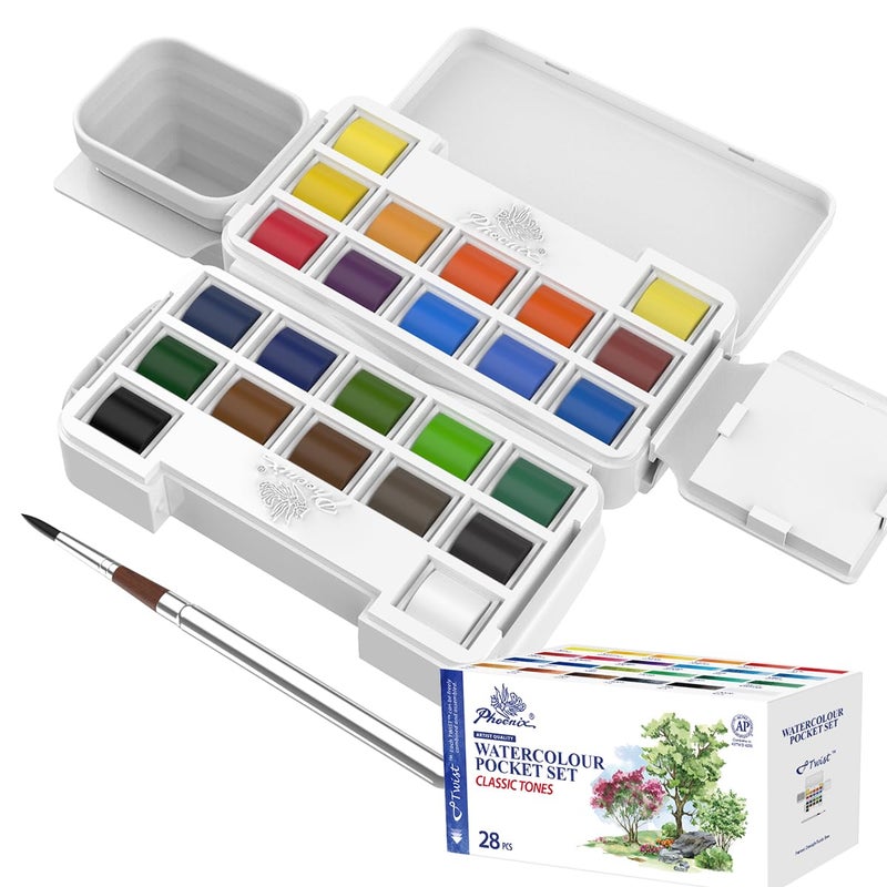 PHOENIX Twist Travel Watercolor Paint Set Mini Watercolor Palette 24 Colors Half Pan Portable Pocket Set with Watercolor Painting Kits