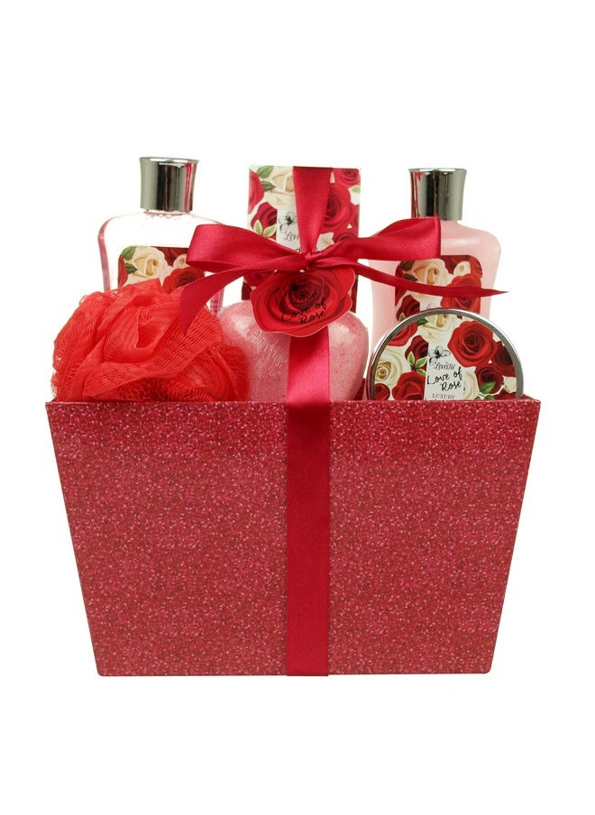 Lovestee Bath and Body - Spa Gift Baskets for Women & Girls, Spa Kit Birthday Gift Includes Love of Rose Scent Shower Gel, Bubble Bath, Body Lotion, Bath Salt,Red Bath Puff and Heart Bath Bomb  - Image 1