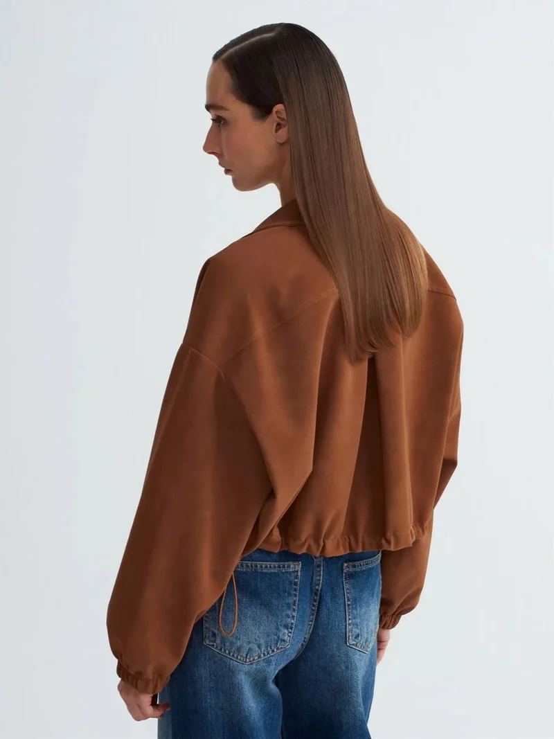 ديلفين DILVIN Oversized Crop Faux Suede Bomber Jacket