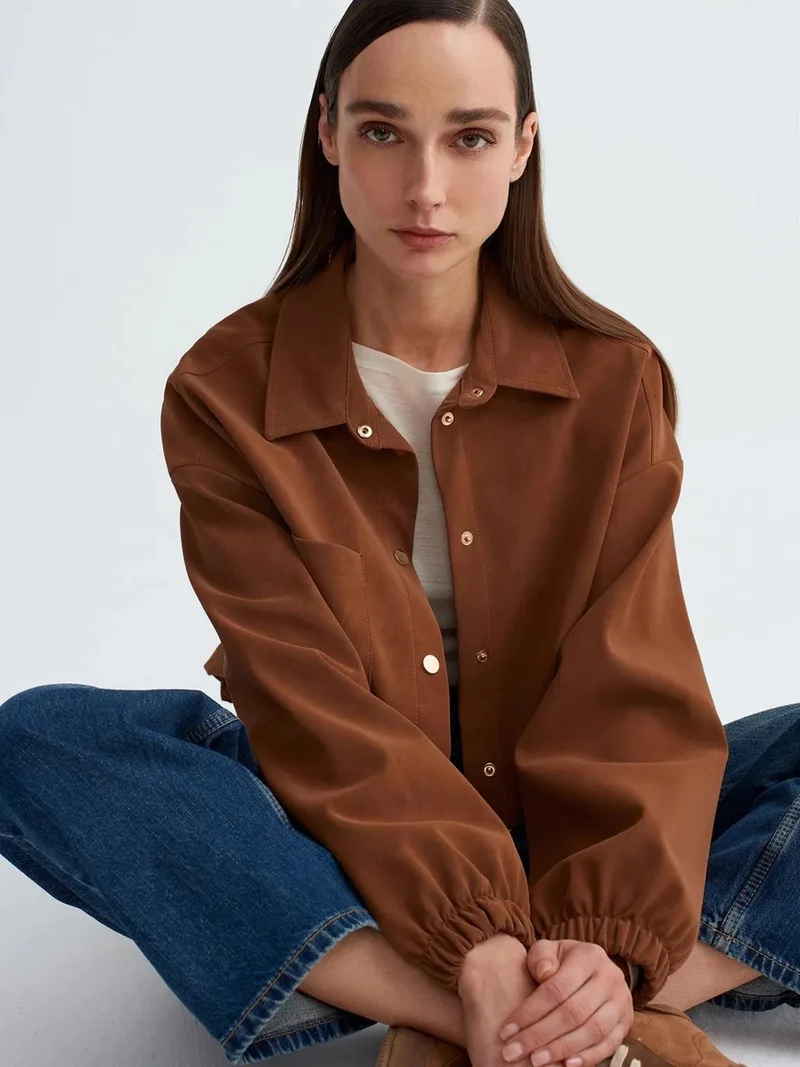 ديلفين DILVIN Oversized Crop Faux Suede Bomber Jacket