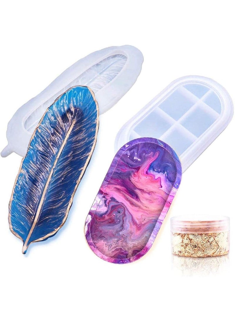 ChicAbode 2 PCS Resin Molds, Feather Jewelry Soap Dish Silicone Casting Tray Molds with Gold Leaf for DIY Craft Tray, Ring Holders,Candle, Home Decoration - Image 1