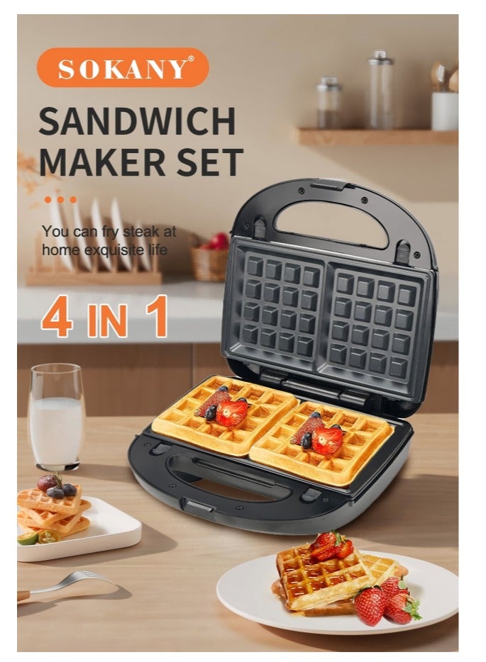 sokany 4 in 1 Sanwich Maker,Multi Snacks Maker with Sandwich/Panini-Grill-Waffle-Donut-Nutty-Biscuit-Omelette-,Detachable Plates 1000W SK-908-4 Black/Silver Plug: European Standard,Random Distribution Of Accompanying Plates - Image 1