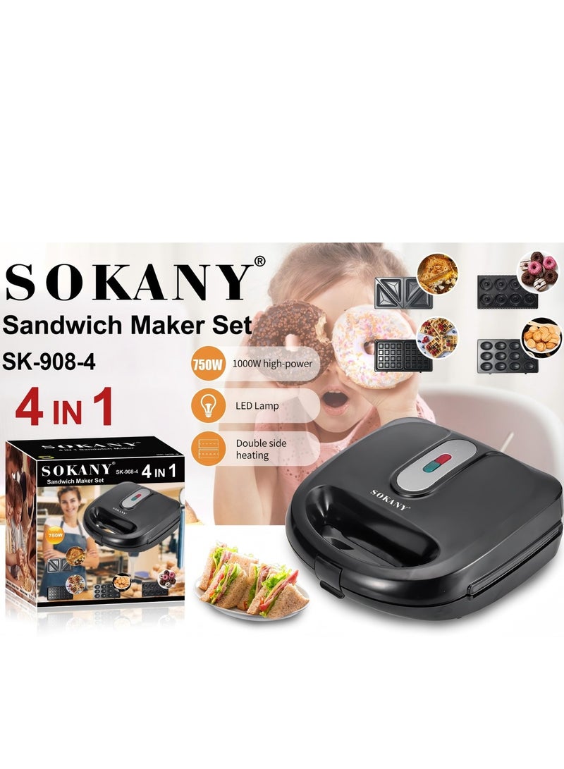 sokany 4 in 1 Sanwich Maker,Multi Snacks Maker with Sandwich/Panini-Grill-Waffle-Donut-Nutty-Biscuit-Omelette-,Detachable Plates 1000W SK-908-4 Black/Silver Plug: European Standard,Random Distribution Of Accompanying Plates - Image 4