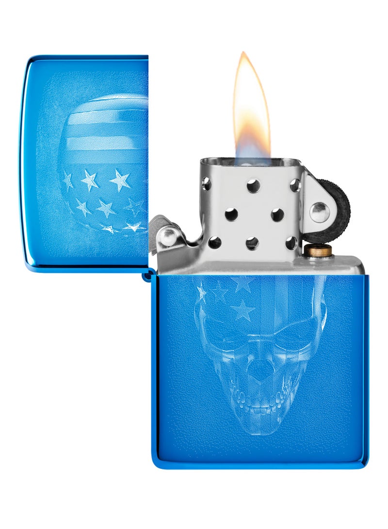 Zippo 48739 20446 ولاعة مقاومة للرياح بتصميم جمجمة أمريكية عالية اللمعان باللون الأزرق - Image 3