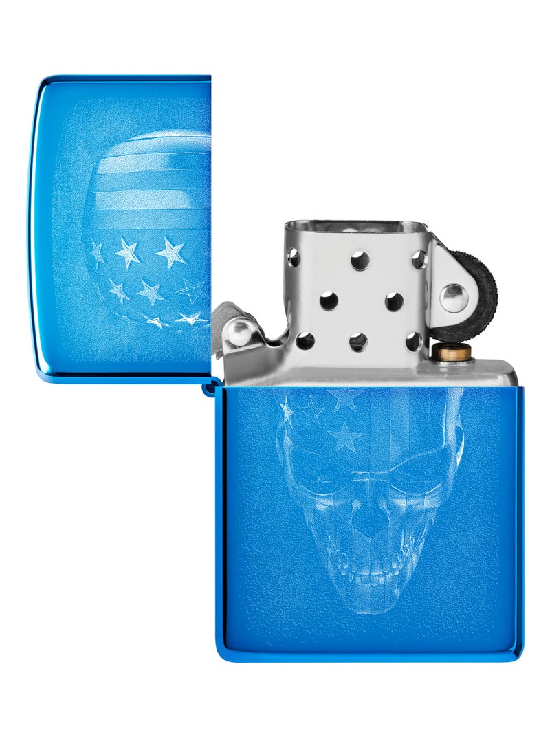 Zippo 48739 20446 ولاعة مقاومة للرياح بتصميم جمجمة أمريكية عالية اللمعان باللون الأزرق - Image 4