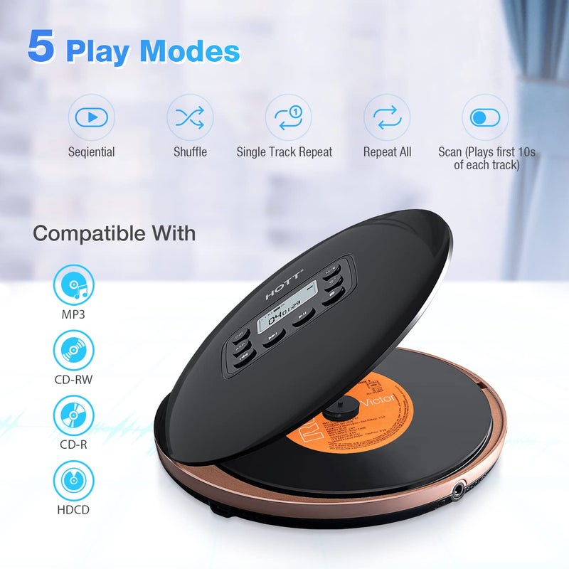 HOTT CD711T Portable CD Player with Bluetooth 5.1 Stereo Headphones and, Anti Shock Protection for Car Travel and Home - Image 2
