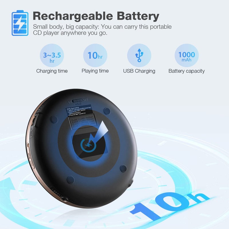 HOTT CD711T Portable CD Player with Bluetooth 5.1 Stereo Headphones and, Anti Shock Protection for Car Travel and Home - Image 4