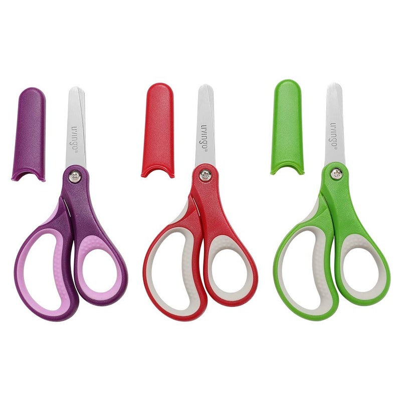 Livingo 5"" Left And Right Handed Kids Scissors  Safety Blunt Sharp Stainless Steel Blade Scissors For Children School Teacher Use Crafting Cutting Paper  3 Pack Assorted Colors - Image 1