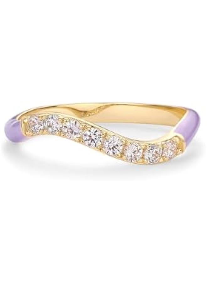 PAVOI 14K Gold Plated Stackable Rings for Women | Open Twist Wavy Colored Enamel and Cubic Zirconia Rings | Blue White Purple Enamel Eternity Bands - Image 3