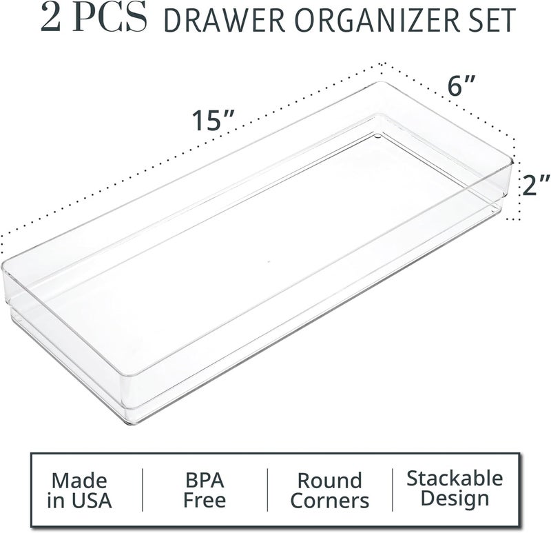 STORi SimpleSort 2-Piece Stackable Clear Drawer Organizer Set | 15" x 6" x 2" Rectangle Trays | Wide Makeup Vanity Storage Bins and Office Desk Drawer Dividers | Made in USA - Image 2