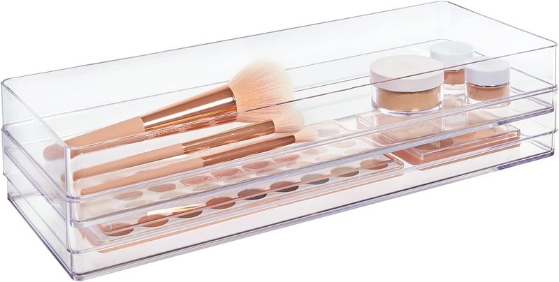 STORi SimpleSort 2-Piece Stackable Clear Drawer Organizer Set | 15" x 6" x 2" Rectangle Trays | Wide Makeup Vanity Storage Bins and Office Desk Drawer Dividers | Made in USA - Image 1