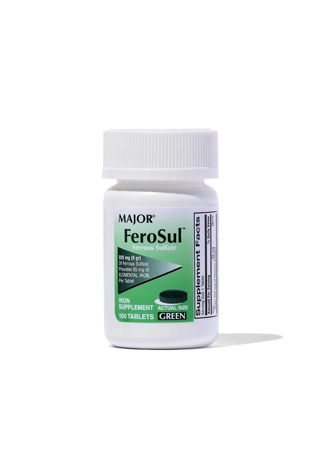 Major Pharmaceuticals Major Ferosul - Ferrous Sulfate 325mg Tablets with 65mg of Elemental Iron - Iron Supplement for Women, Men - Green - 100 Tablets - Pack of 1 - Image 1