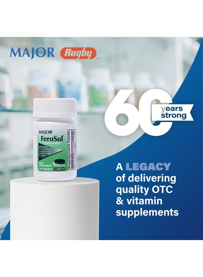 Major Pharmaceuticals Major Ferosul - Ferrous Sulfate 325mg Tablets with 65mg of Elemental Iron - Iron Supplement for Women, Men - Green - 100 Tablets - Pack of 1 - Image 2