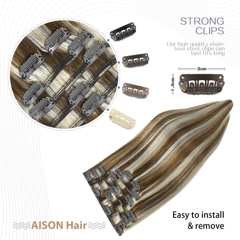 Aison Ombre Clip In Extensions Real Human Hair Balayage Light Brown to Bleach Blonde Highlights Remy Human Hair Extensions 12 Inch 70g Double Weft 7pcs #6p613 - Image 4
