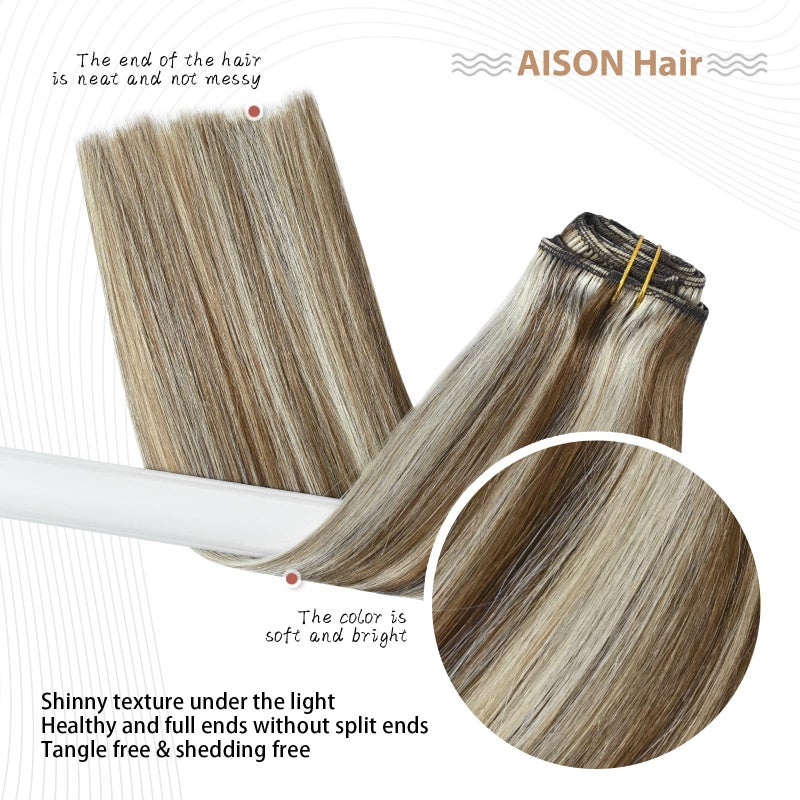 Aison Ombre Clip In Extensions Real Human Hair Balayage Light Brown to Bleach Blonde Highlights Remy Human Hair Extensions 12 Inch 70g Double Weft 7pcs #6p613 - Image 5