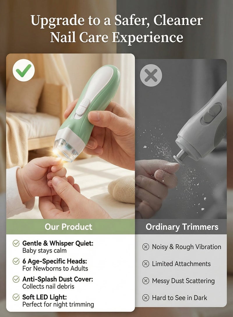 أم أكثر MOMORE مبرد اظافر اطفال كهربائي آمن - مبرد اطفال للعناية بأظافر الرضع والمواليد - بديل آمن لـ قصافة اظافر اطفال - مجموعة تشذيب مع ضوء LED و6 رؤوس لجميع الأعمار - Image 5