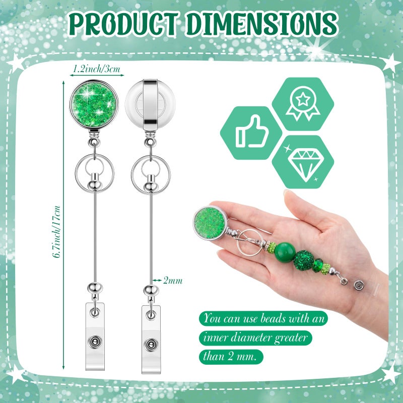 Ferreve 10 Pcs Beadable Badge Reels Glitter Retractable Badge Holder Blank Bar DIY ID Name Reel Clips Holder for Beads with Key Ring Belt Clip DIY Gift for Nurse Teacher Office - Image 3