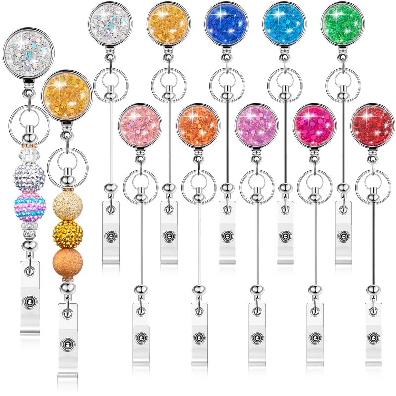Ferreve 10 Pcs Beadable Badge Reels Glitter Retractable Badge Holder Blank Bar DIY ID Name Reel Clips Holder for Beads with Key Ring Belt Clip DIY Gift for Nurse Teacher Office - Image 1