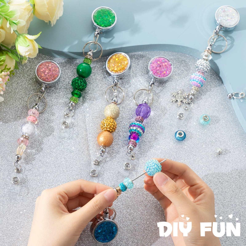 Ferreve 10 Pcs Beadable Badge Reels Glitter Retractable Badge Holder Blank Bar DIY ID Name Reel Clips Holder for Beads with Key Ring Belt Clip DIY Gift for Nurse Teacher Office - Image 2
