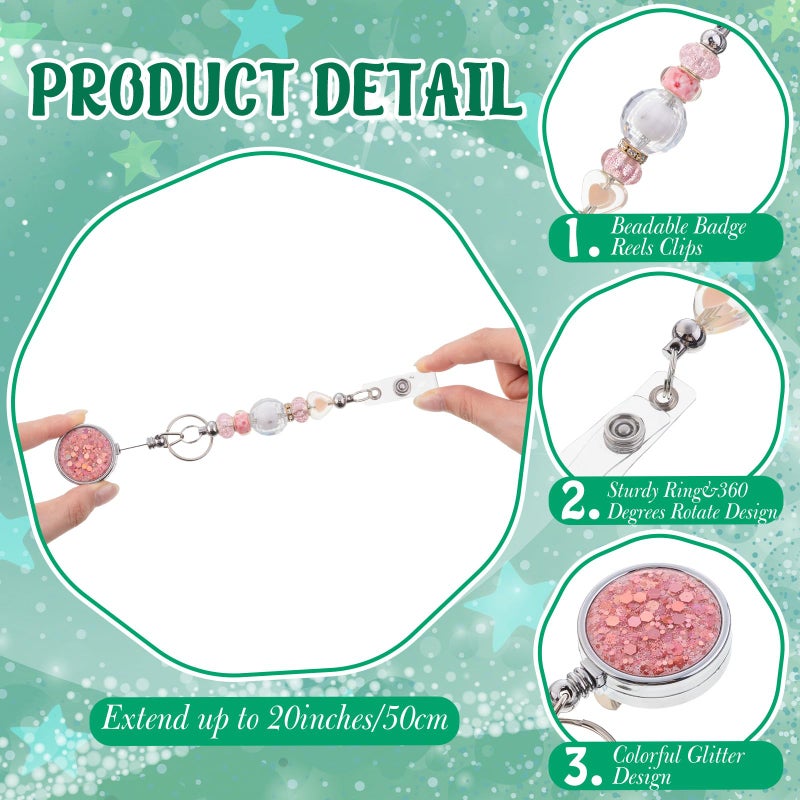 Ferreve 10 Pcs Beadable Badge Reels Glitter Retractable Badge Holder Blank Bar DIY ID Name Reel Clips Holder for Beads with Key Ring Belt Clip DIY Gift for Nurse Teacher Office - Image 4
