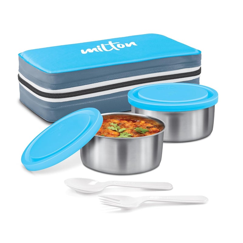 Milton MILTON New Mini Lunch Box with Insulated Fabric Jacket, 2 Containers (2 Stainless Steel 280 ml Each, Spoon & Fork), Leak-Proof Tiffin for Office, School, College, Cyan  - Image 1