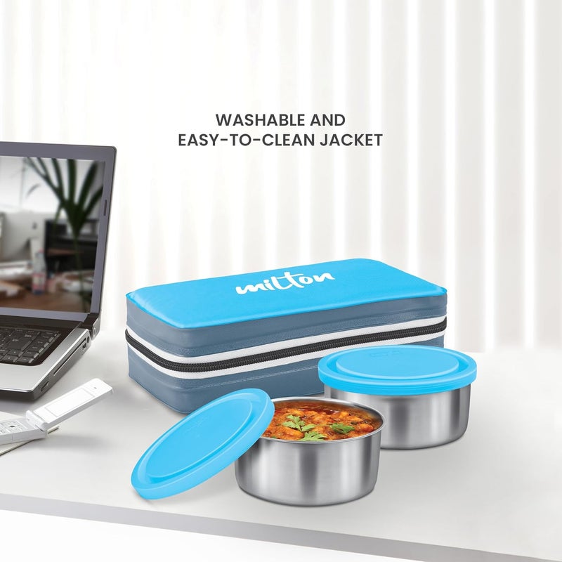 Milton MILTON New Mini Lunch Box with Insulated Fabric Jacket, 2 Containers (2 Stainless Steel 280 ml Each, Spoon & Fork), Leak-Proof Tiffin for Office, School, College, Cyan  - Image 5