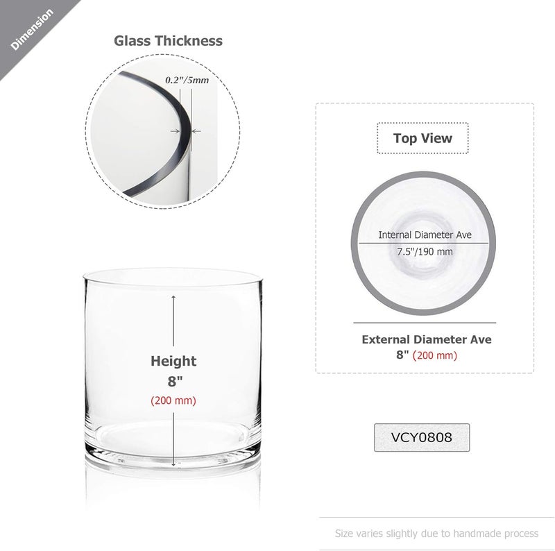 WGVI WGV Cylinder Vase, Width 8", Height 8", Clear Wide Large Diameter Glassware, Floral Container, Planter Terrarium for Wedding Party Event, Home Office Decor, 1 Piece - Image 2