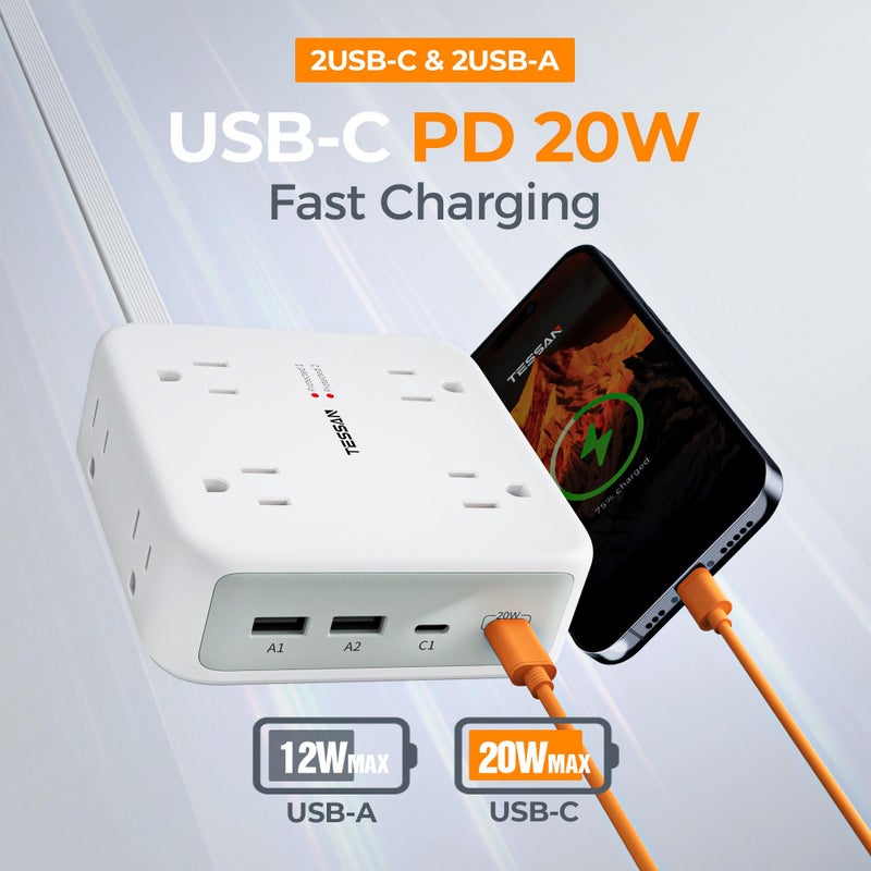 TESSAN Dual Surge Protector Power Strip, 5 Ft Extension Cord Flat Wall Plug with 4 USB (2 USB C) 8 Outlets, 2100J Surge Protection, 20W Multiple Charging Station for Home, Office, College, Dorm Room - Image 4