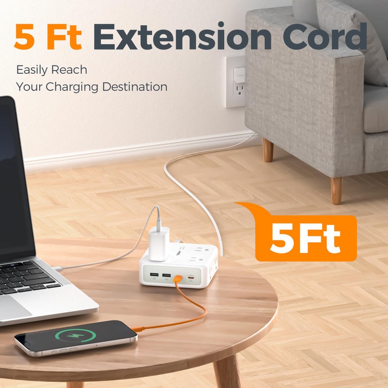 TESSAN Dual Surge Protector Power Strip, 5 Ft Extension Cord Flat Wall Plug with 4 USB (2 USB C) 8 Outlets, 2100J Surge Protection, 20W Multiple Charging Station for Home, Office, College, Dorm Room - Image 5