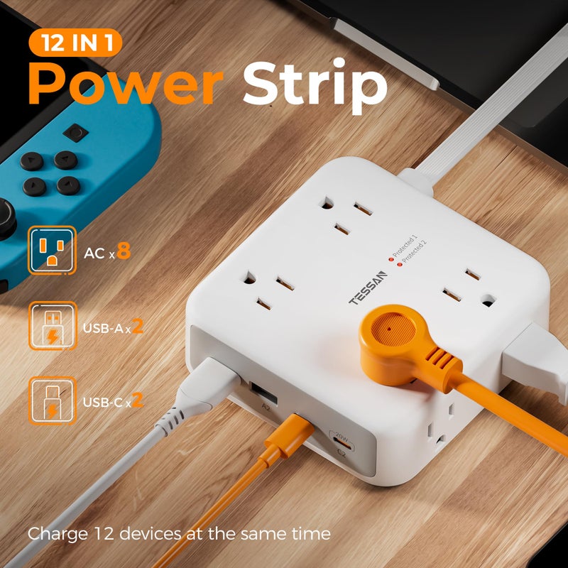 TESSAN Dual Surge Protector Power Strip, 5 Ft Extension Cord Flat Wall Plug with 4 USB (2 USB C) 8 Outlets, 2100J Surge Protection, 20W Multiple Charging Station for Home, Office, College, Dorm Room - Image 2