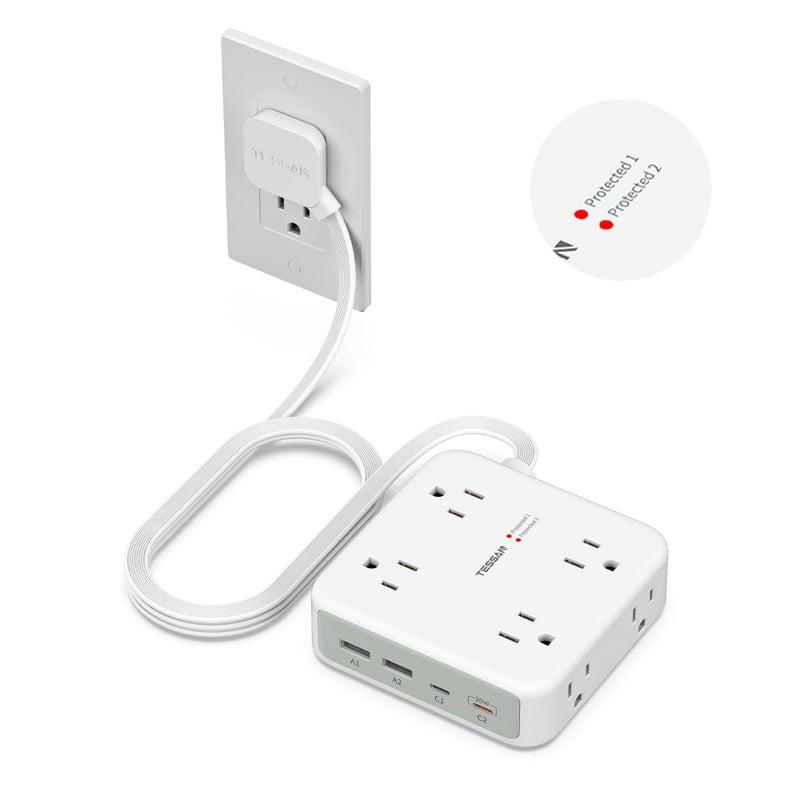TESSAN Dual Surge Protector Power Strip, 5 Ft Extension Cord Flat Wall Plug with 4 USB (2 USB C) 8 Outlets, 2100J Surge Protection, 20W Multiple Charging Station for Home, Office, College, Dorm Room - Image 1