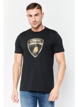 Men Crew Neck Short Sleeves Brand Logo T-Shirt, Black