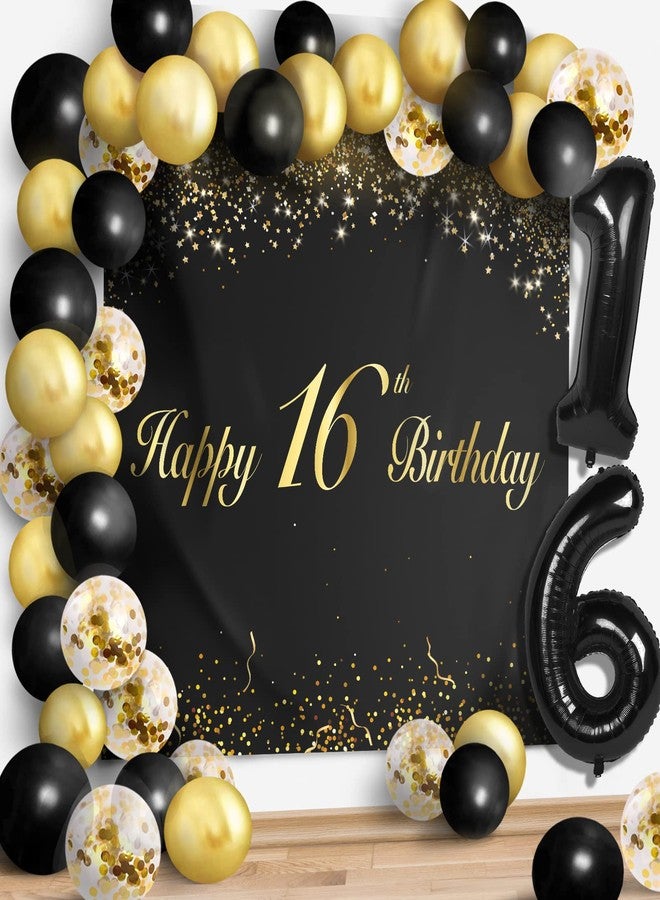 LINGPAR Happy 16th Birthday Balloons Black Set Decor - Cheers to 16 Years Old Party Theme Garland Banner Backdrop Decorations For Boy and Girl Supplies - Image 1