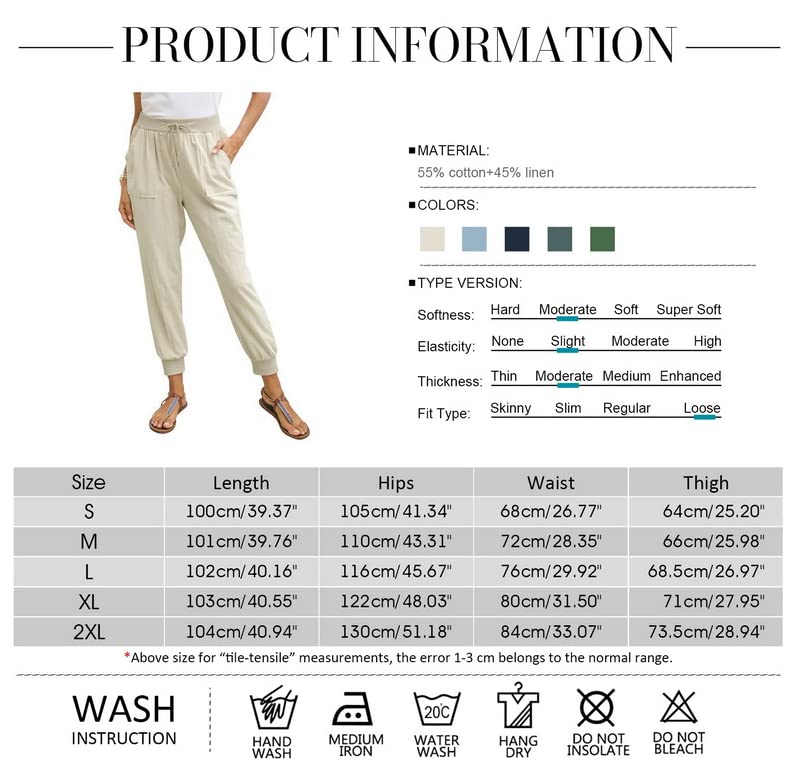 Puimentiua Womens Tapered Pants Cotton Linen Drawstring Back Elastic Waist Pants Casual Trousers with Pockets Khaki - Image 2
