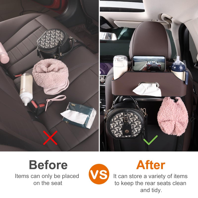Sancaral Car Rear Backseat Extra Multifunctional Drink Cup Holder Organizers with Tissue Storage Box Organizer & Hooks for Car Seat Back (Brown) - Image 3