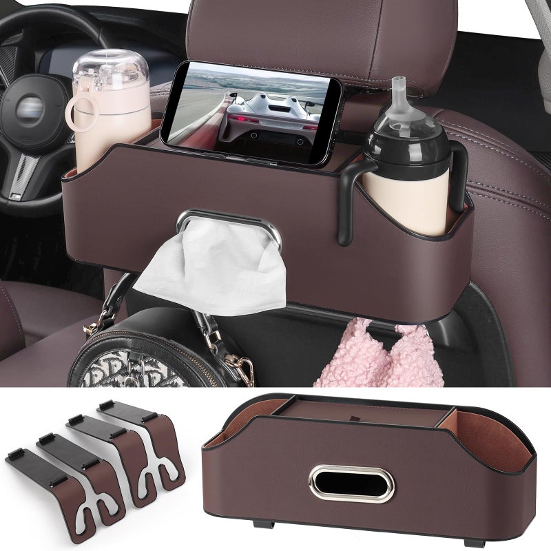 Sancaral Car Rear Backseat Extra Multifunctional Drink Cup Holder Organizers with Tissue Storage Box Organizer & Hooks for Car Seat Back (Brown) - Image 1