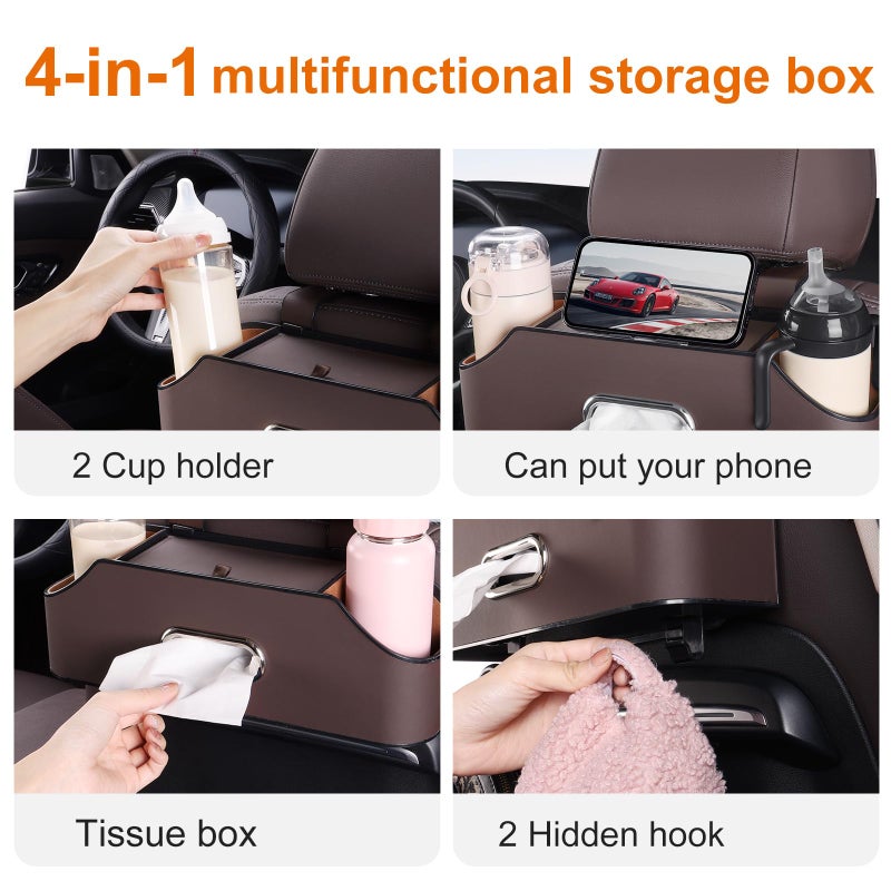 Sancaral Car Rear Backseat Extra Multifunctional Drink Cup Holder Organizers with Tissue Storage Box Organizer & Hooks for Car Seat Back (Brown) - Image 2