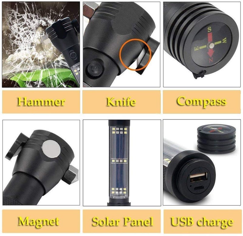 BHAVENA 7Mode Rechargeable Solar LED Torch Flashlight Long Distance Emergency Tool with Window Breaker Seat Belt Cutter Compass Survival Gear for Car Camping and Outdoors - Image 3
