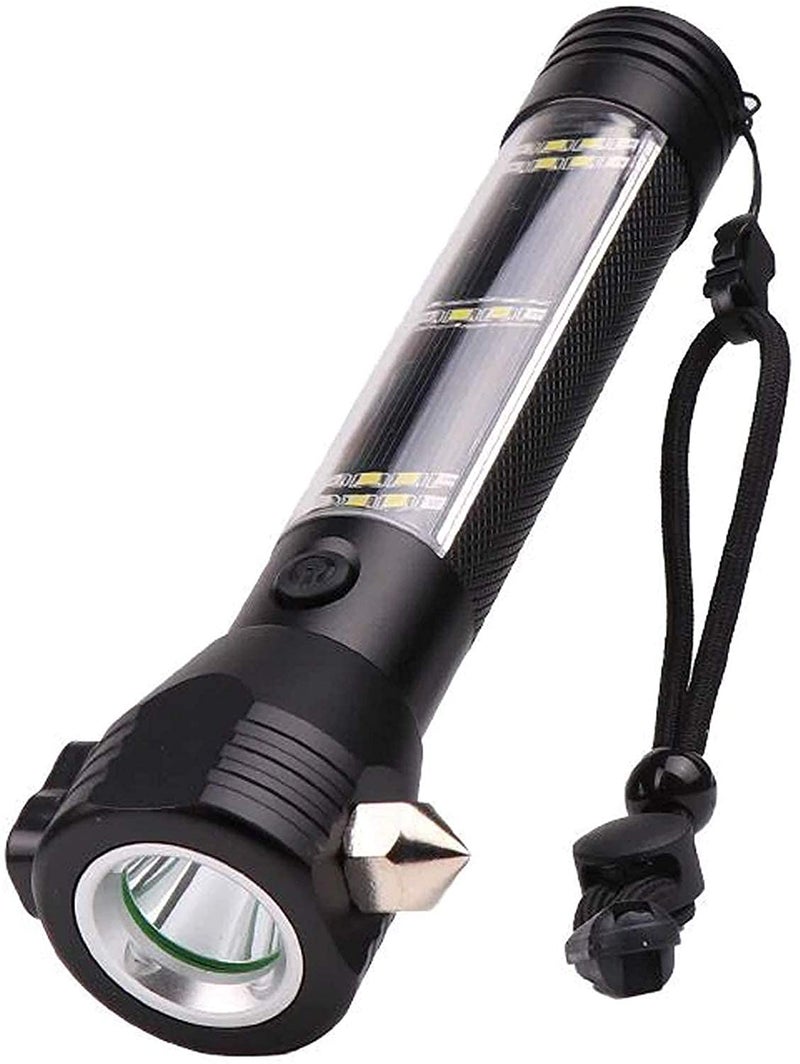 BHAVENA 7Mode Rechargeable Solar LED Torch Flashlight Long Distance Emergency Tool with Window Breaker Seat Belt Cutter Compass Survival Gear for Car Camping and Outdoors - Image 1