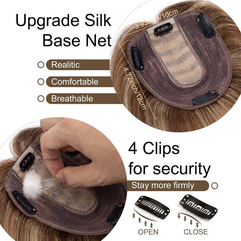 SEGO Hair Toppers for Women Real Human Hair No Bangs, 130% Density 10 * 12CM Silk Base Remy Clip in Top Wiglet Hairpieces Add Volume-6 Inch 4P27 Medium Brown&Dark Blonde - Image 4