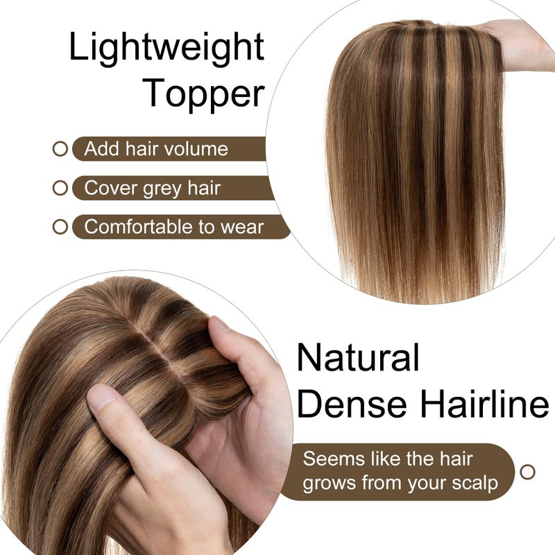 SEGO Hair Toppers for Women Real Human Hair No Bangs, 130% Density 10 * 12CM Silk Base Remy Clip in Top Wiglet Hairpieces Add Volume-6 Inch 4P27 Medium Brown&Dark Blonde - Image 3
