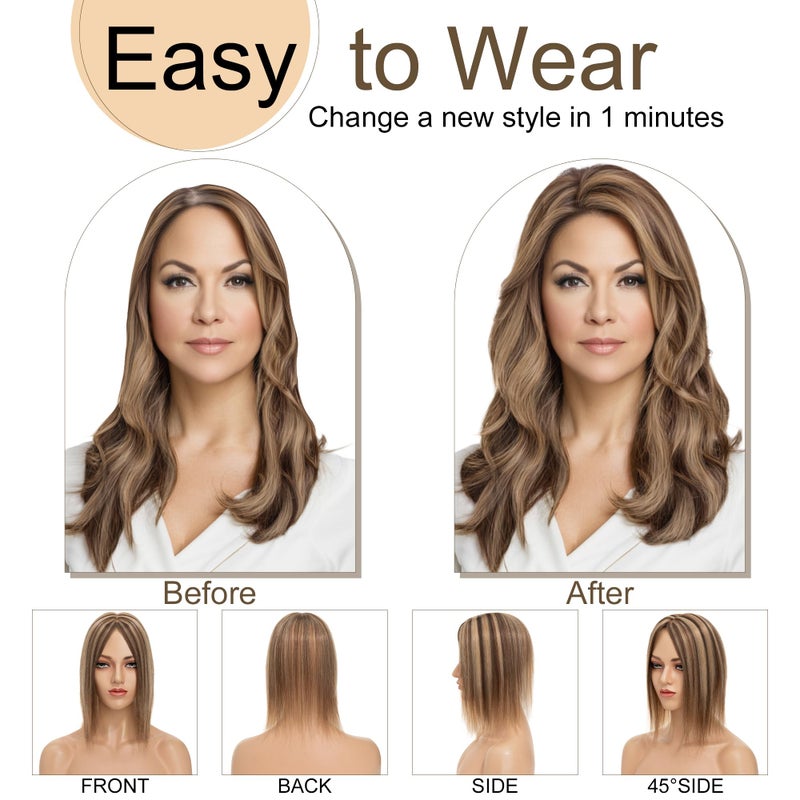 SEGO Hair Toppers for Women Real Human Hair No Bangs, 130% Density 10 * 12CM Silk Base Remy Clip in Top Wiglet Hairpieces Add Volume-6 Inch 4P27 Medium Brown&Dark Blonde - Image 5