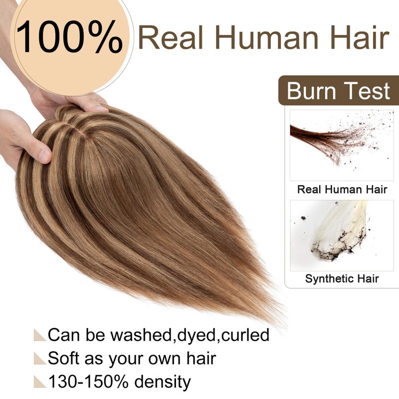 SEGO Hair Toppers for Women Real Human Hair No Bangs, 130% Density 10 * 12CM Silk Base Remy Clip in Top Wiglet Hairpieces Add Volume-6 Inch 4P27 Medium Brown&Dark Blonde - Image 2