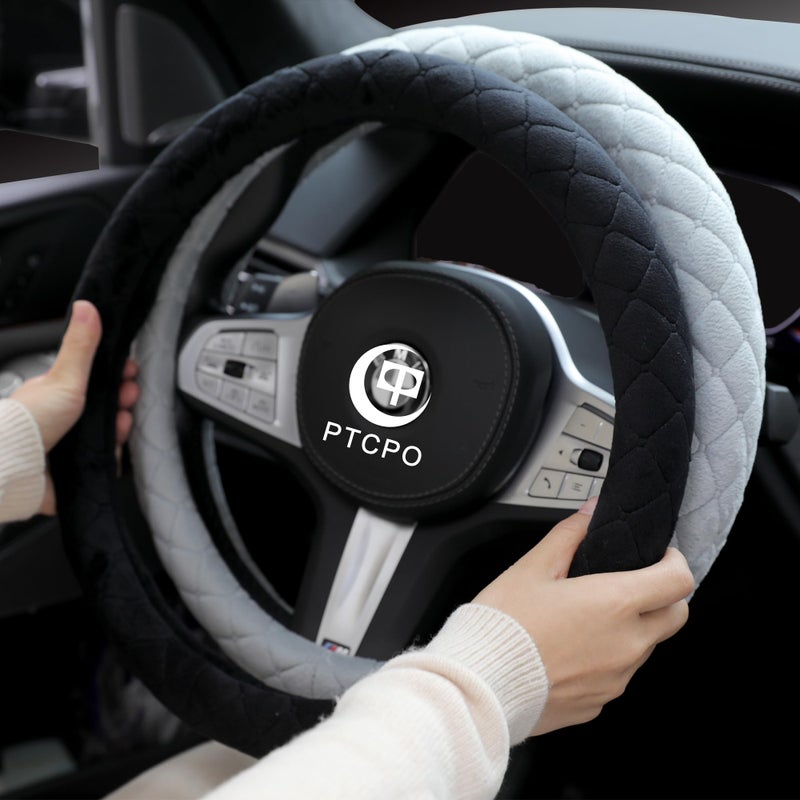 PTCPO Soft Car Steering Wheel Cover for Sedan, SUV, Warm Luxury Velvet, Odorless, Universal, Anti Slip, Summer Winter, Black, Standard Size[14" 1/2-15"](37-38cm) - Image 1